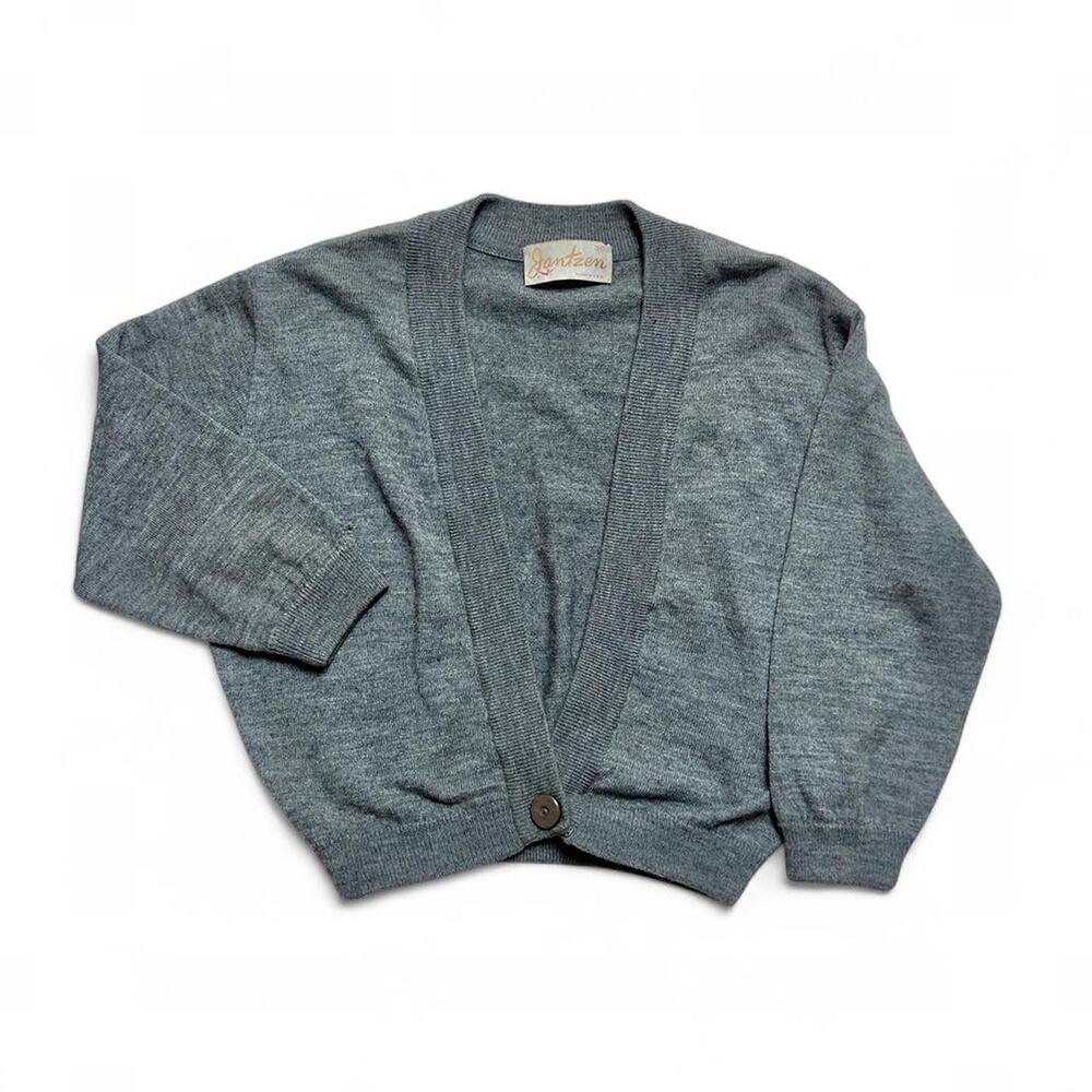 Jantzen Vintage 70s Grey Acrylic Single Button Crop Cardigan Small